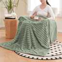Vessia Flannel Fleece Sage Green Twin Blanket(60x80inch), 300GSM Striped Blanket for Adults and Kids, Super Soft Warm Cozy Lightweight Home Decor for All-Season
