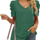 XIEERDUO Womens Summer Shirt V Neck Casual Tshirts Puff Sleeve Tops for Women Solid Color XS-3XL (Small, 06-green)