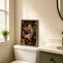 Funny Halloween Bathroom Wall Art, Ghost Black Cat Framed Canvas Print Poster, Cute Spooky Restroom Wall Decor, Vintage Ghost Bathroom Painting Picture for Home Washroom 12x16 Inch