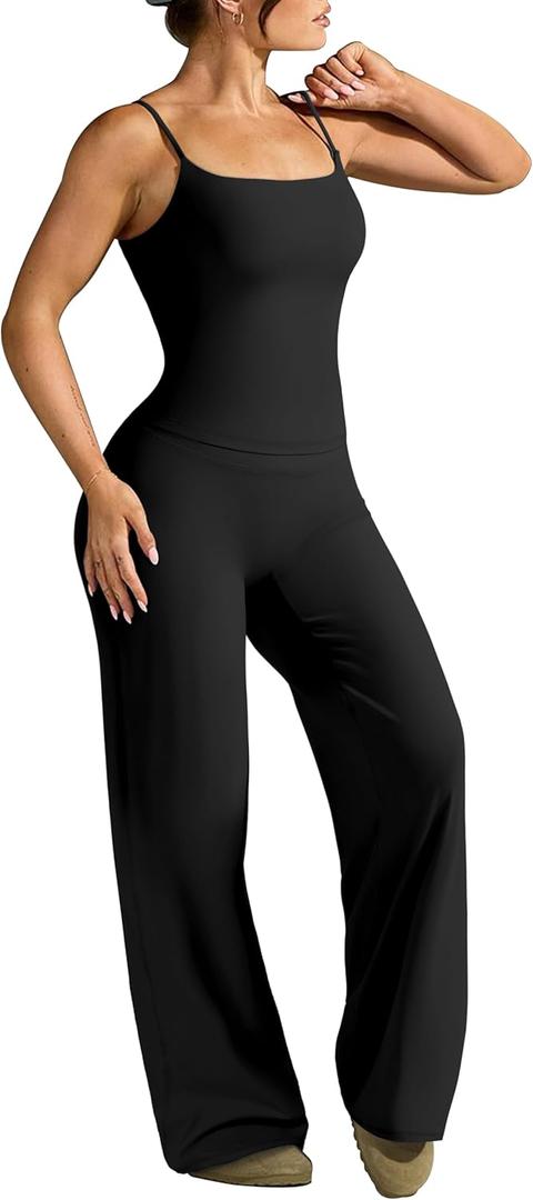 OMKAGI Workout Sets for Women Padded Tank Tops Matching Straight Leg Yoga Outfits (Black, XS)