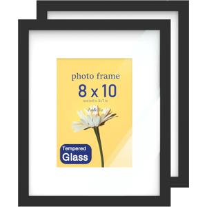 An&He 8 x 10 Picture Frame Set of 2, Black Photo Frame, Wooden Picture Frame with High Definition Glass for Wall & Tabletop Display