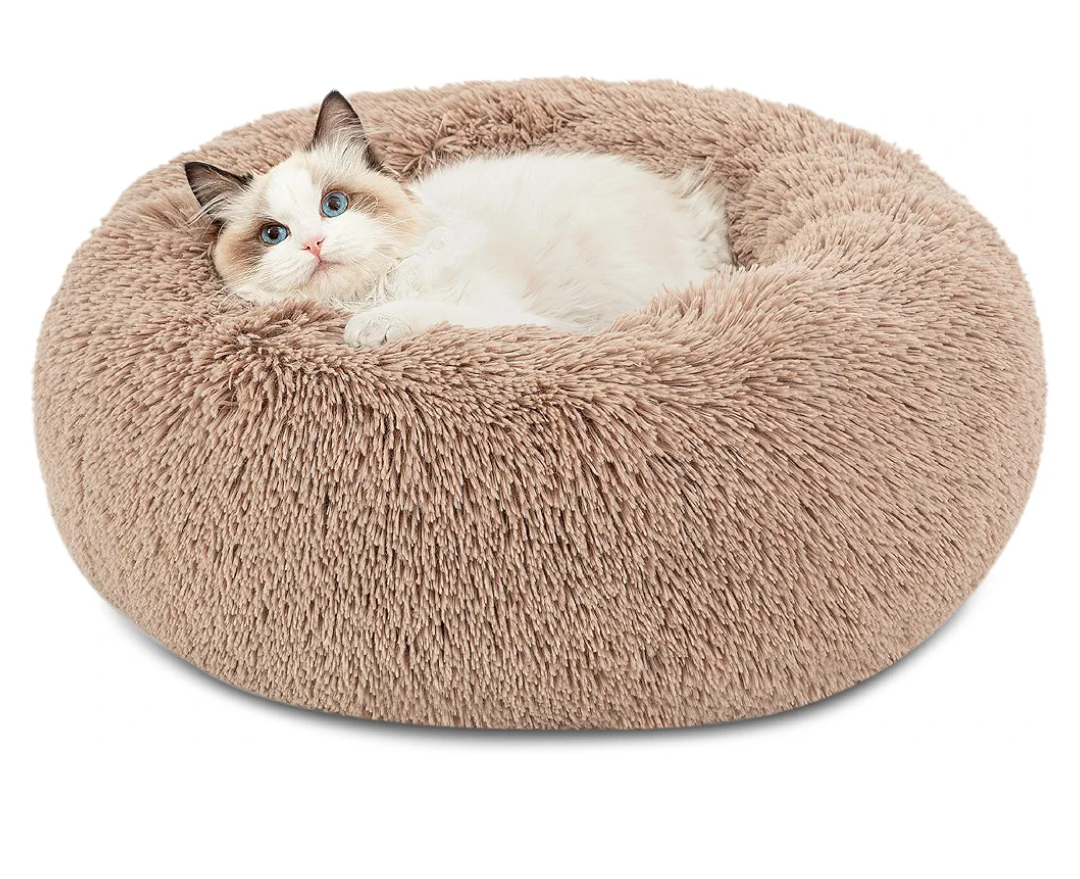 Bedsure Calming Cat Beds for Indoor Cats - Small Cat Bed Washable 20 inches, Anti-Slip Round Fluffy Plush Faux Fur Pet Bed, Fits up to 15 lbs Pets, Camel