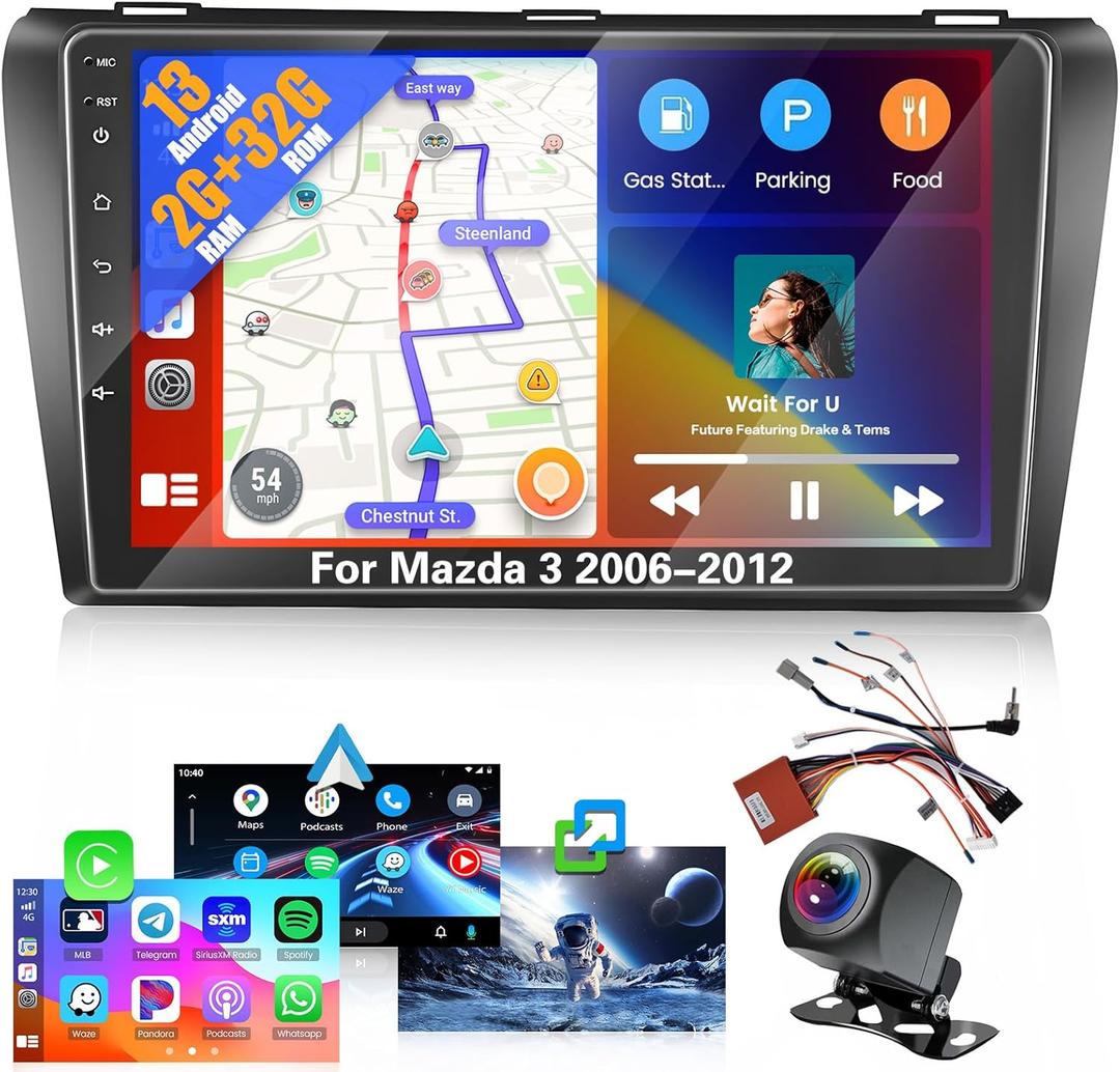 Car Radio for Mazda 3 2006-2012: [2G+32G] 9 inch Car Stereo with Wireless Carplay Android Auto, Touch Screen Upgrade for Mazda 3 with GPS Bluetooth WiFi SWC FM RDS DSP 26UI Backup Camera