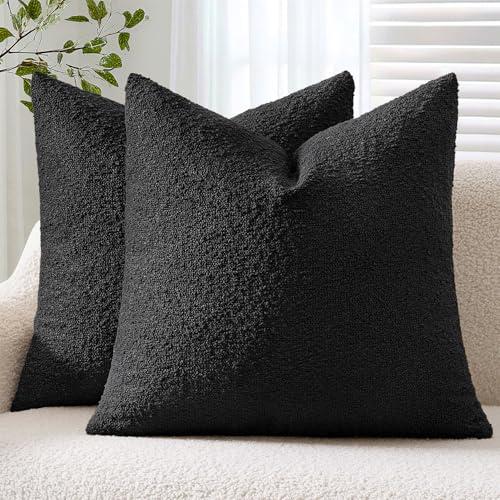 ANRODUO Pack of 2 Textured Boucle Throw Pillow Covers Soft Black Decorative Accent Solid Pillow Cases Cozy Modern Couch Cushion Case for Chair Sofa Bedroom Living Room Home Decor, 20 x 20 Inch