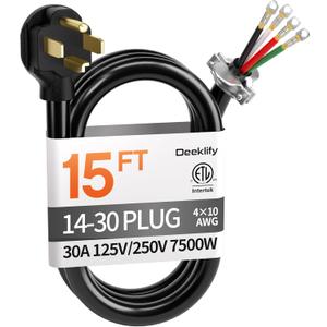 15 ft 4 Prong Dryer Cord, 30Amp 10 Gauge Dryer Power Cord Replacement, Pure Copper 4-Wire Extension Cord with NEMA 14-30P Plug and O-Ring Terminals, 250V 7500W, ETL Listed, Black STW