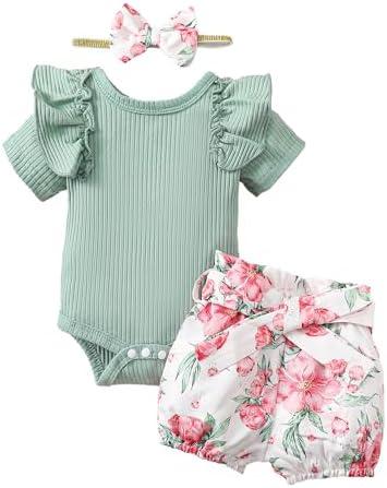 Newborn Baby Girl Summer Clothes Infant Girl Outfit Ruffle Romper Short Set Cute Baby Clothes for Girl, 2 Pack