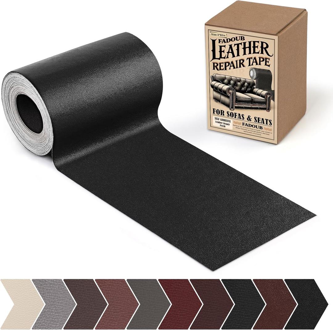 Leather Repair Patch, 3 x 60In Self Adhesive Leather Repair Tape Kit for Furniture, Couch, Sofa, Office, Car Seats, Car Interior,Vinyl Repair Kit (Black-Fine Grain)