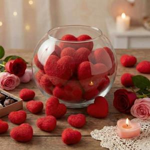 Geosar 24 Pcs Valentines Day Vase Filler Felt Heart Bowl Filler for Crafts Heart Shape Vase Fillers Pom Pom Balls Ornaments for DIY Crafts Home Valentines Decor(2.4inch,3.1inch,Red)