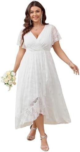 SCOMCHIC Womens Plus Size Wedding Guest Dress Formal Lace Wrap V Neck High Low Short Sleeve Cocktail Maxi Dresses, Size 1XL