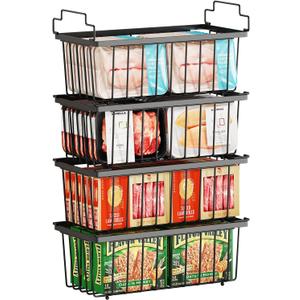 4 Pack Freezer Organizer Bins(14.6L X 7.1W X 5.2H) Suitable for 5-7 Cu.Ft Chest Freezer Sort Frozen Meats | Stackablet Chest Freezer Organizer Bins Get Food Easily w/Handle, Gifts Ideas for Mom (Black)