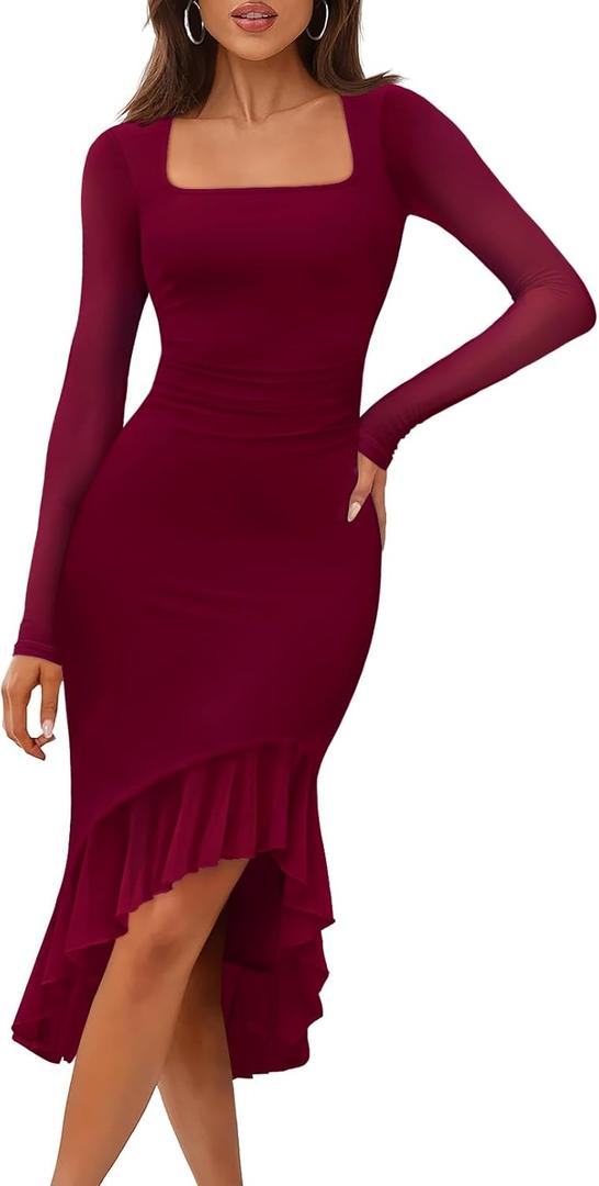 MEROKEETY Women's 2026 Wedding Guest Dress Bodycon Long Sleeve Square Neck Ruched Mesh Cocktail Party Holiday Midi Dresses (Large, Wine)