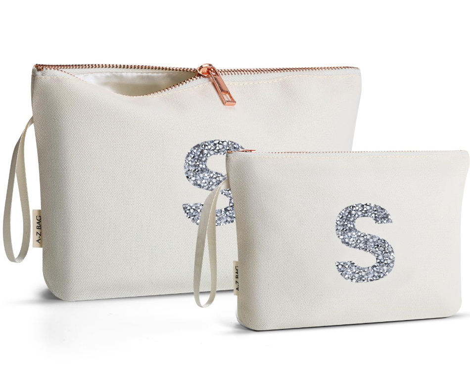 A-Z BAG 2pcs Personalised Makeup Bag Set, Canvas Cosmetic Bag with Rhinestone Initial, Birthday Gifts for Women (S, Beige)