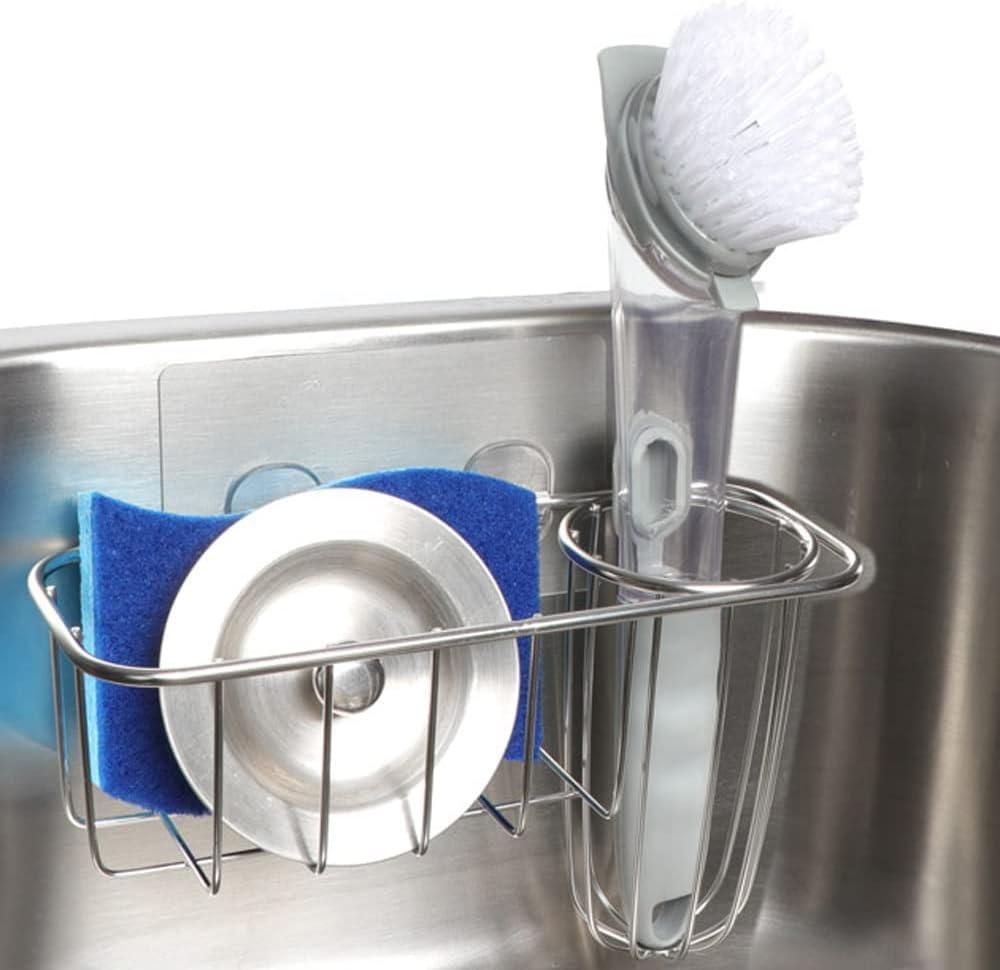 HULISEN 3-in-1 Sponge Holder for Kitchen Sink with Dish Brush Holder, Stainless Steel Caddy for Soap, Scrubber, No Drill and Rustproof, Silver