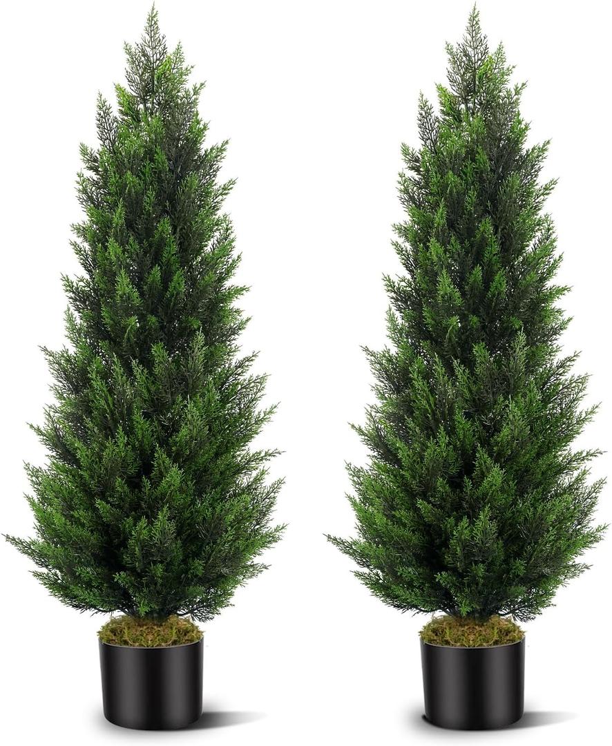 Artificial Topiary Cedar Trees 4FT Tall 2 Set, Outdoor Indoor Faux Pine Shrubs Plants, Realistic Fake Plants Front Porch Decor, Artificial Bushes Cypress for Home Front Door Offices (Green)
