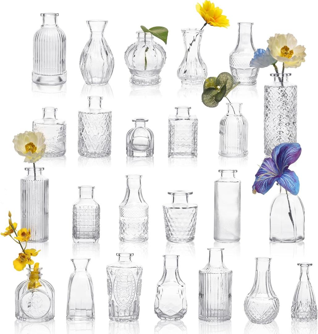 UMEIED 24 Pack Glass Bud Vases in Bulk for Centerpieces, Clear Vintage Decorative Small Vases for Flowers, Wedding Rustic Home Table Decor (Clear)