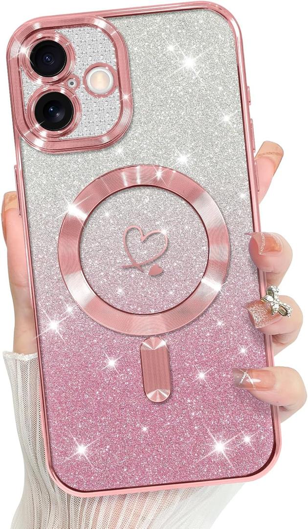 Bonoma Compatible with iPhone 16 Case Support for MagSafe, Plating Heart Glitter Magnetic 2* Screen Protector TPU Camera Protection Back Cover for Girls Women -Pink