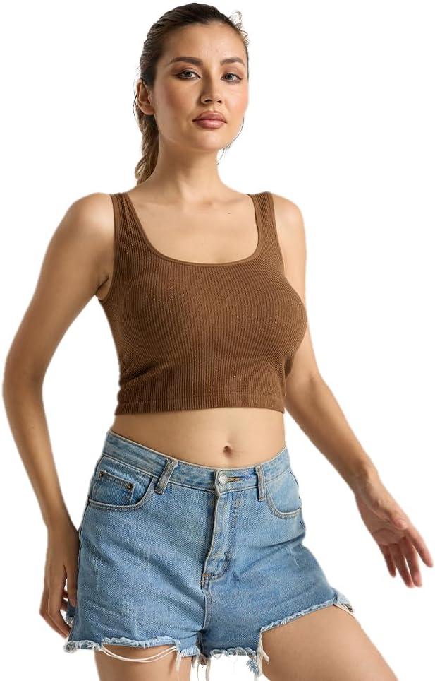 Women Rib Tank Top Padded Workout Top Square Neck Crop Tank Fitted Basic Cami Tops (X-Large, Brown)