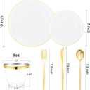 bUCLA 150PCS White and Gold Plastic Plates Disposable - 25 Guests Gold Dinnerware Set - Include 25 Each (Dinner & Dessert) Plates, 25 Knives, 25 Forks, 25 Spoons & 25 Cups for Party