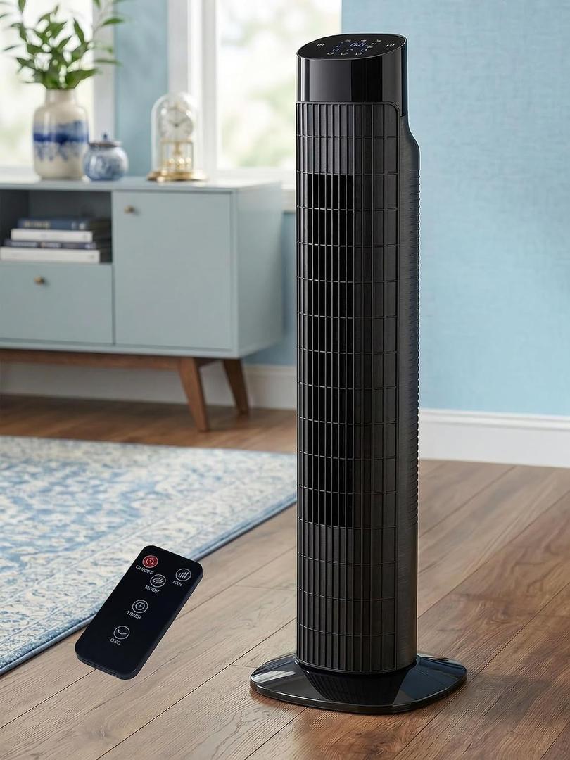 Uthfy 31 Inch Tower Fan for Bedroom, 120 Oscillating Quiet Standing Bladeless Fan With Remote, 7.5H Timer, 3 Speeds, 3 Modes, for Room, Dorm, Office, Black, 9.7 x 9.7 x 30.8 inches