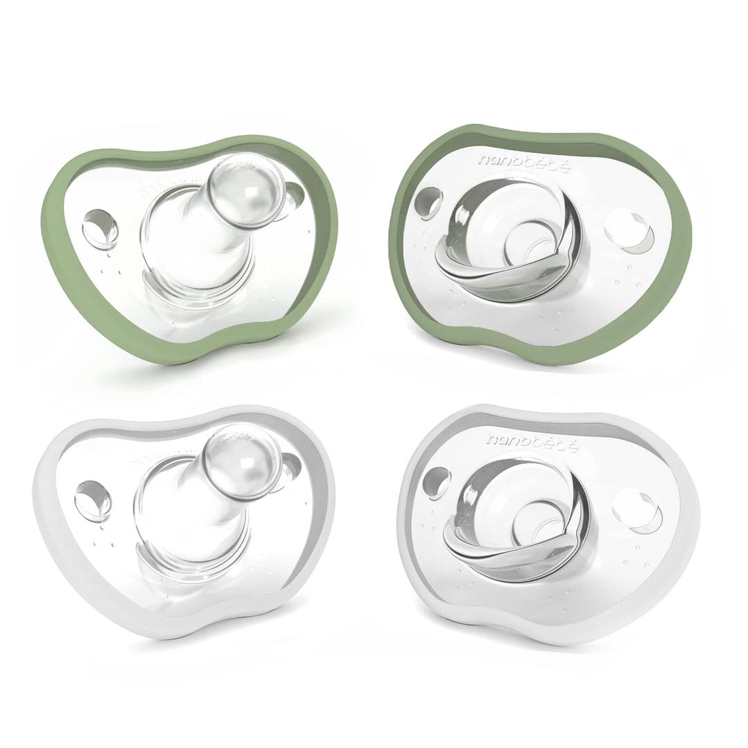 Nanobebe Baby Pacifiers 0-3 Month - Orthodontic, Curves Comfortably with Face Contour, Award Winning for Breastfeeding Babies, 100% Silicone, Baby Registry Gift 4pk, Sage/White