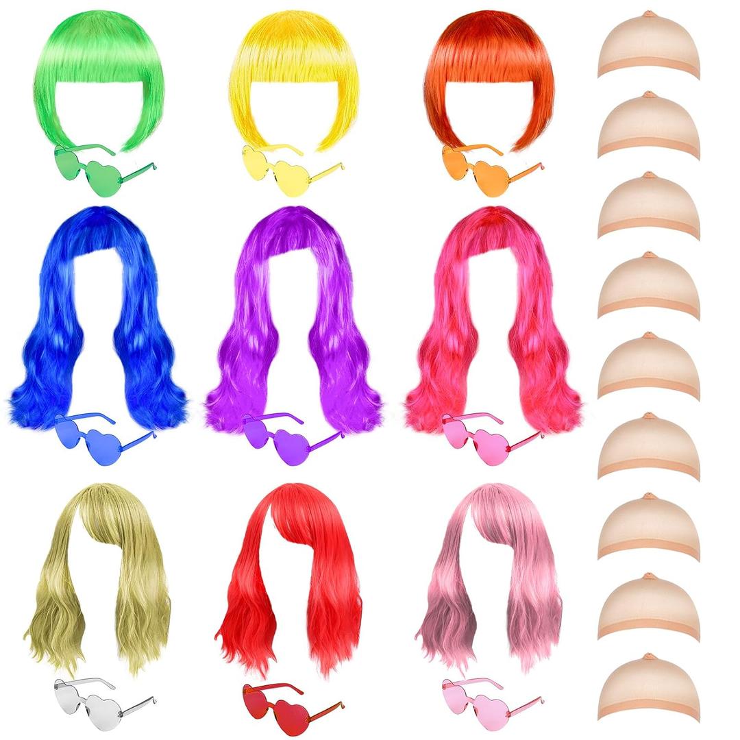 XLSXEXCL 27 Pieces Colored Wigs, Funky Colorful Wigs with Heart Sunglass, 