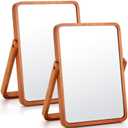 DEAYOU 2 Pack Vanity Mirror with Wood Stand, 360 Degree Rotation Makeup Mirror, 10" Rectangle Standing Swivel Cosmetic Mirror, Portable Wood Tabletop Mirror for Hanging, High-Definition, Pine
