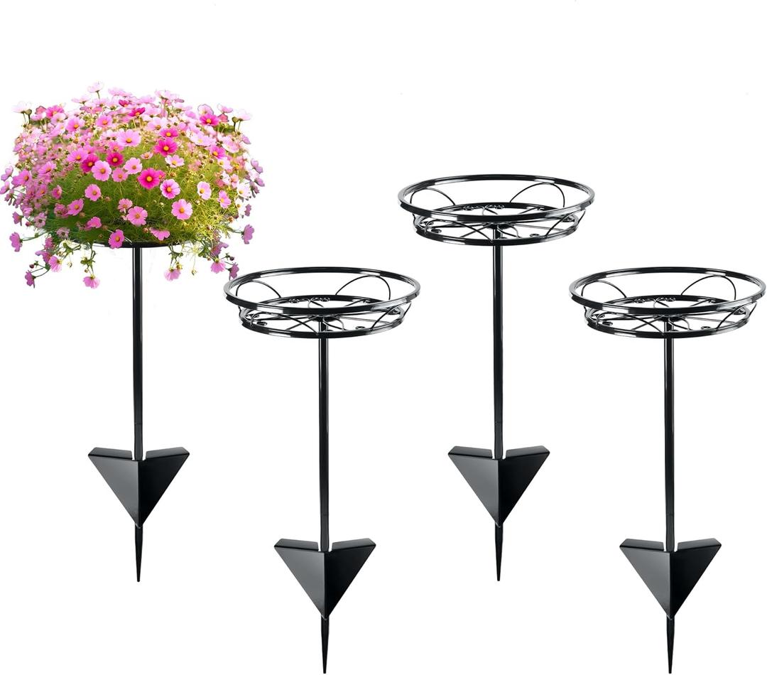 Tellingyou 4 Pack Adjustable Outdoor Flower Pot Stand, Christmas Versatile Plant Stand Garden Stake for Display Plants with Style, Elegant Solution for Landscaping, Garden Decor, and Events (Black)