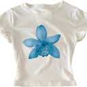 RoseSeek Women's Y2K Floral Graphic Tees Shirts Short Sleeve Crew Neck Summer Crop Tops Size M