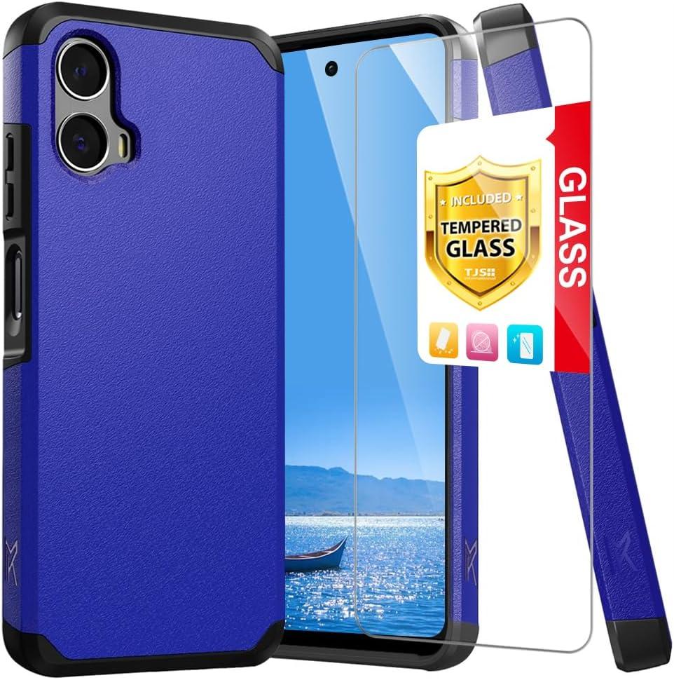TJS Compatible for Motorola Moto G 5G (2024) Case, with Tempered Glass Screen Protector, Dual Layer Hybrid Magnetic Support Shockproof Heavy Duty Cover Phone Case (Blue)