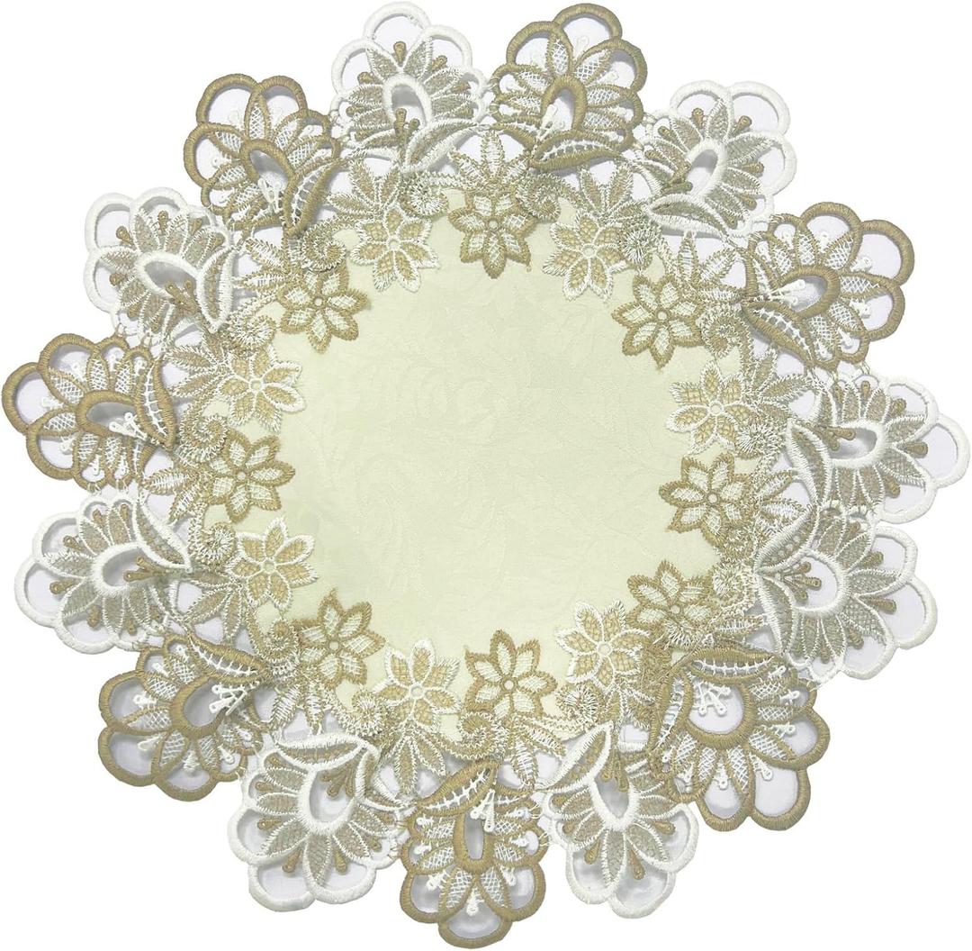 LeLehome 4PCS Lace Doily Placemats, 15" Round Classic Jacquard Embroidery Dresser Table Mats for Festival Holiday Party Home Kitchen Dining Table Nightstand (Set of 4)