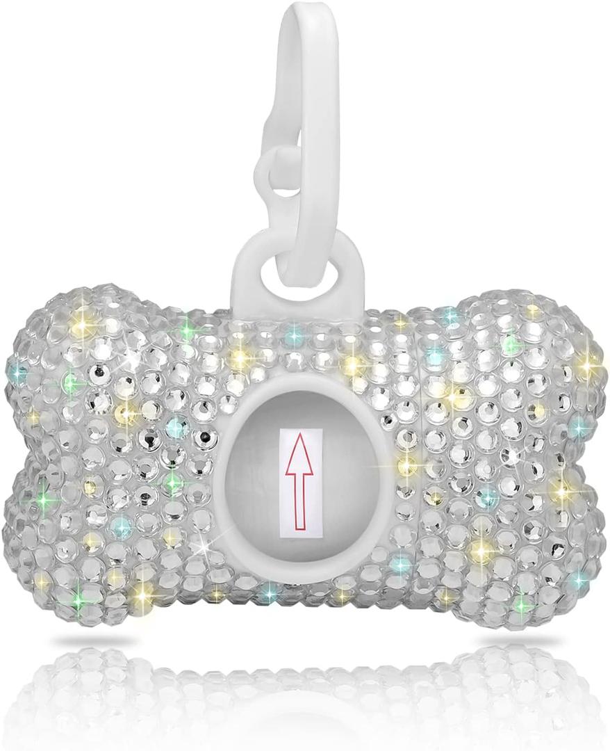 SAVORI Dog Poop Bag Holder Bling Crystal Dog Waste Bags Dispenser for Pet Dog Doggy with Carabiner Clip Includes 1 Roll 15 Bags (White)