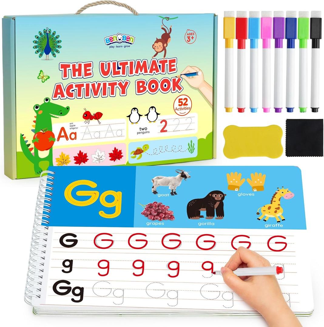 BenBen Preschool Learning Activities, 52 Pages, Tracing Books for Kids Ages 3-5, Kindergarten Workbooks, Toddler Writing Practice, Pre K Busy Book Educational Toys, Autism Learning Materials
