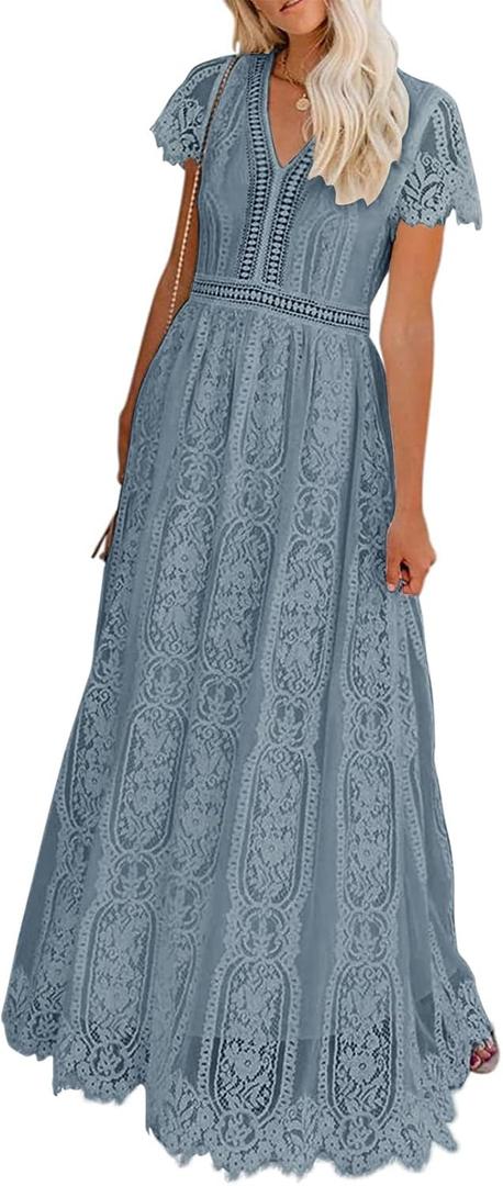MEROKEETY Women's 2026 V Neck Short Sleeve Floral Lace Wedding Dress A Line Boho Bridesmaid Cocktail Party Maxi Dress (Blue, S)