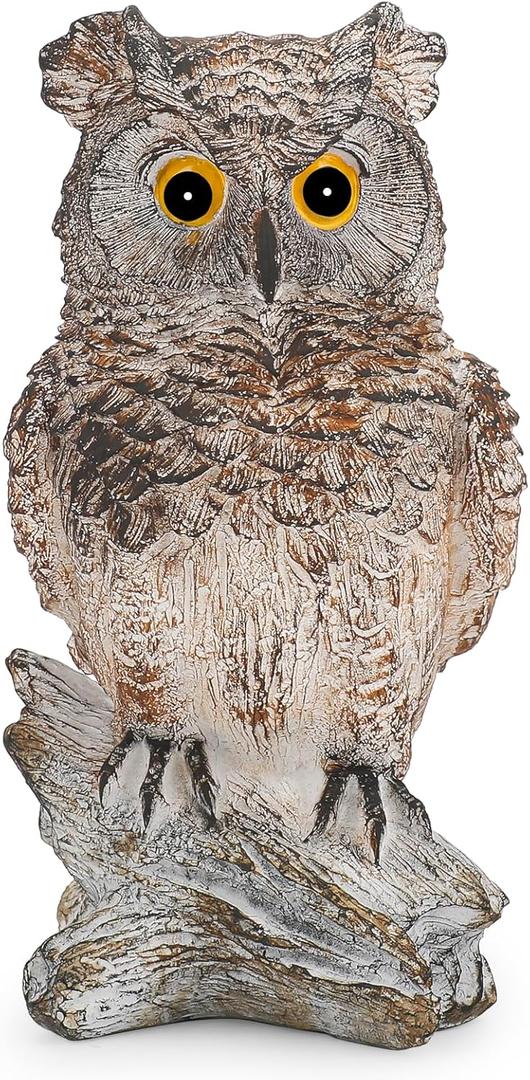 Owl Outdoor Statue Figurine Decoration, Hand-Painted Owl on Branch, Waterproof, Fade-Proof Sculpture for Garden, Patio, Home Decor Statue (Brown)
