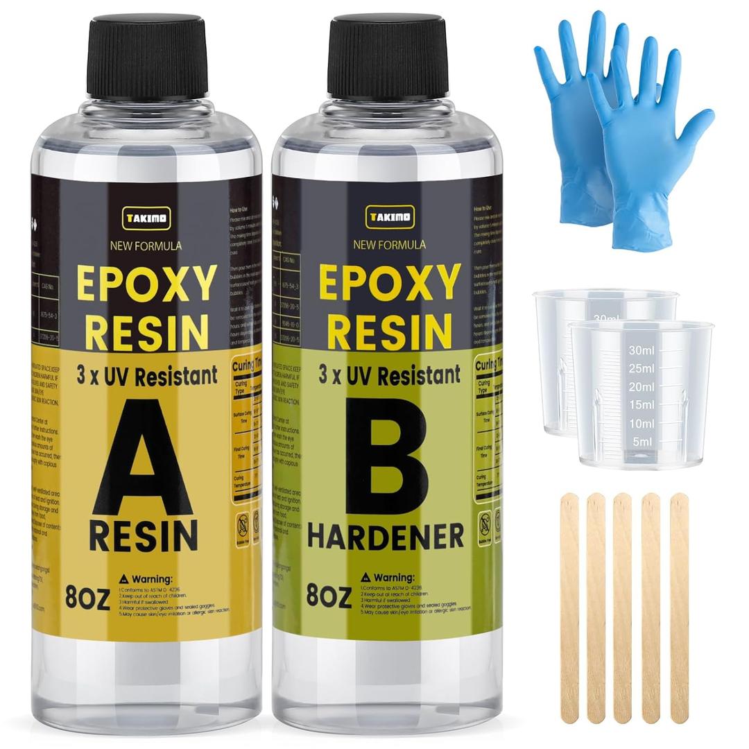 TAKIMO 16oz 3 UV Resistant Epoxy Resin Kit - Crystal Clear Non-Yellowing Starter Set for Jewelry, Molds & Small Crafts - 1:1 Ratio, Bubble-Free, 8oz+8oz