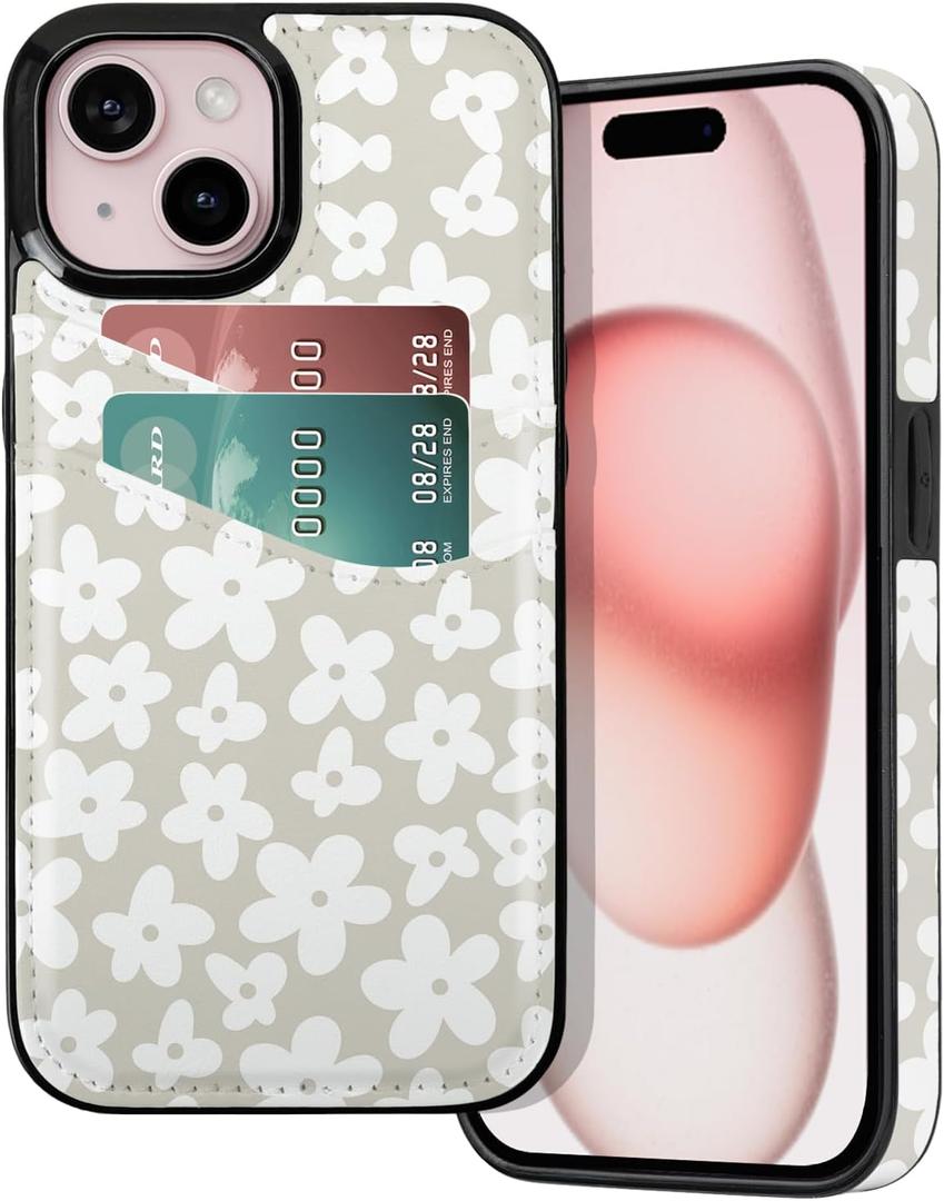 for iPhone 13/14/15 Wallet Case Card Holder Slot Slim Cute Design Soft Leather Protective Phone Case with 2 Credit Card Pockets Cover for 6.1 inch for Women Girls,Natural Flowers