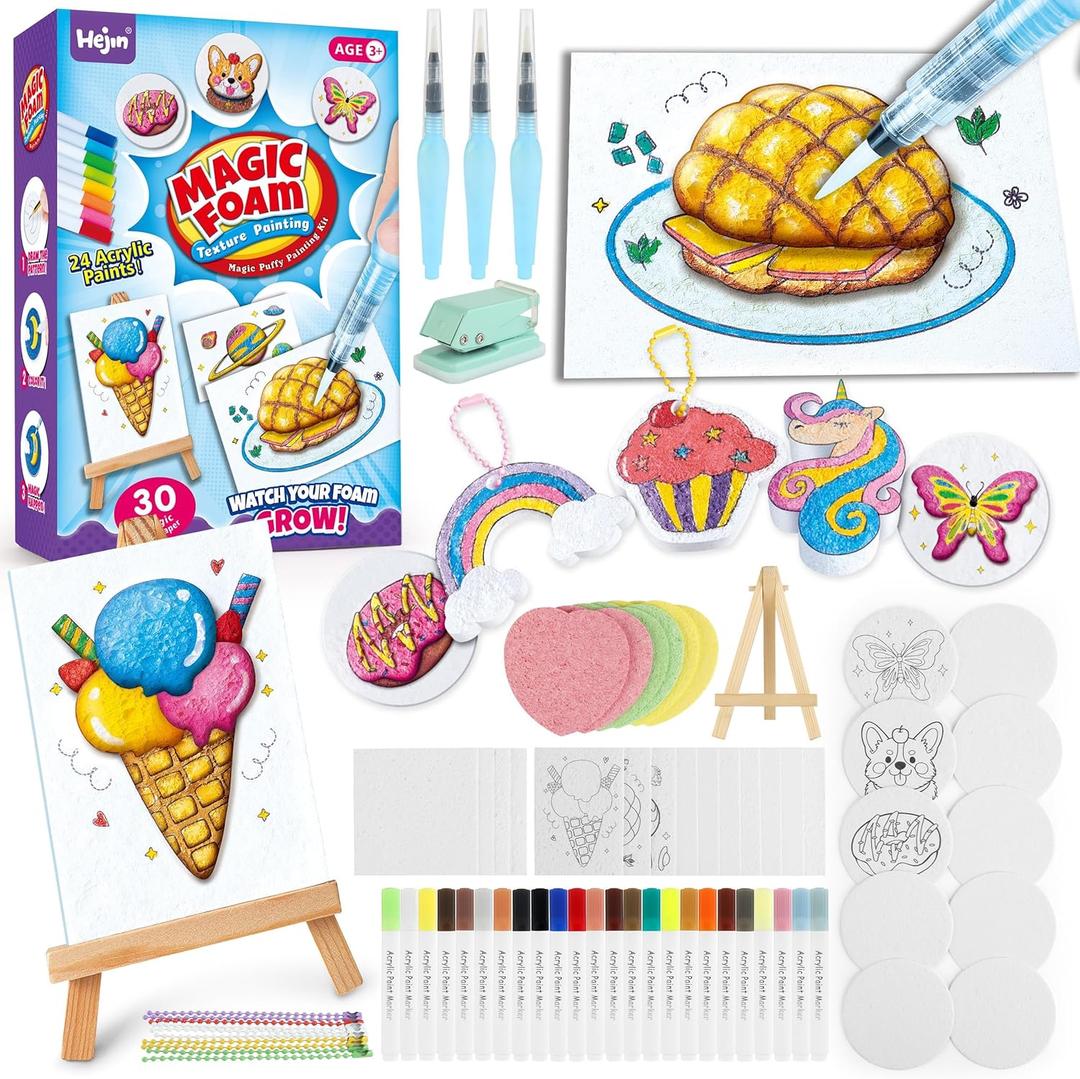 70PCS Magic Foam Texture Painting Kit, Magic Puffy Paint Kit with 30 Foam Texture Paper, 24 Colors Acrylic Paint Markers, Hole Punch Mini Display Stand, 3D Painting Craft Gift for Birthday, Christmas