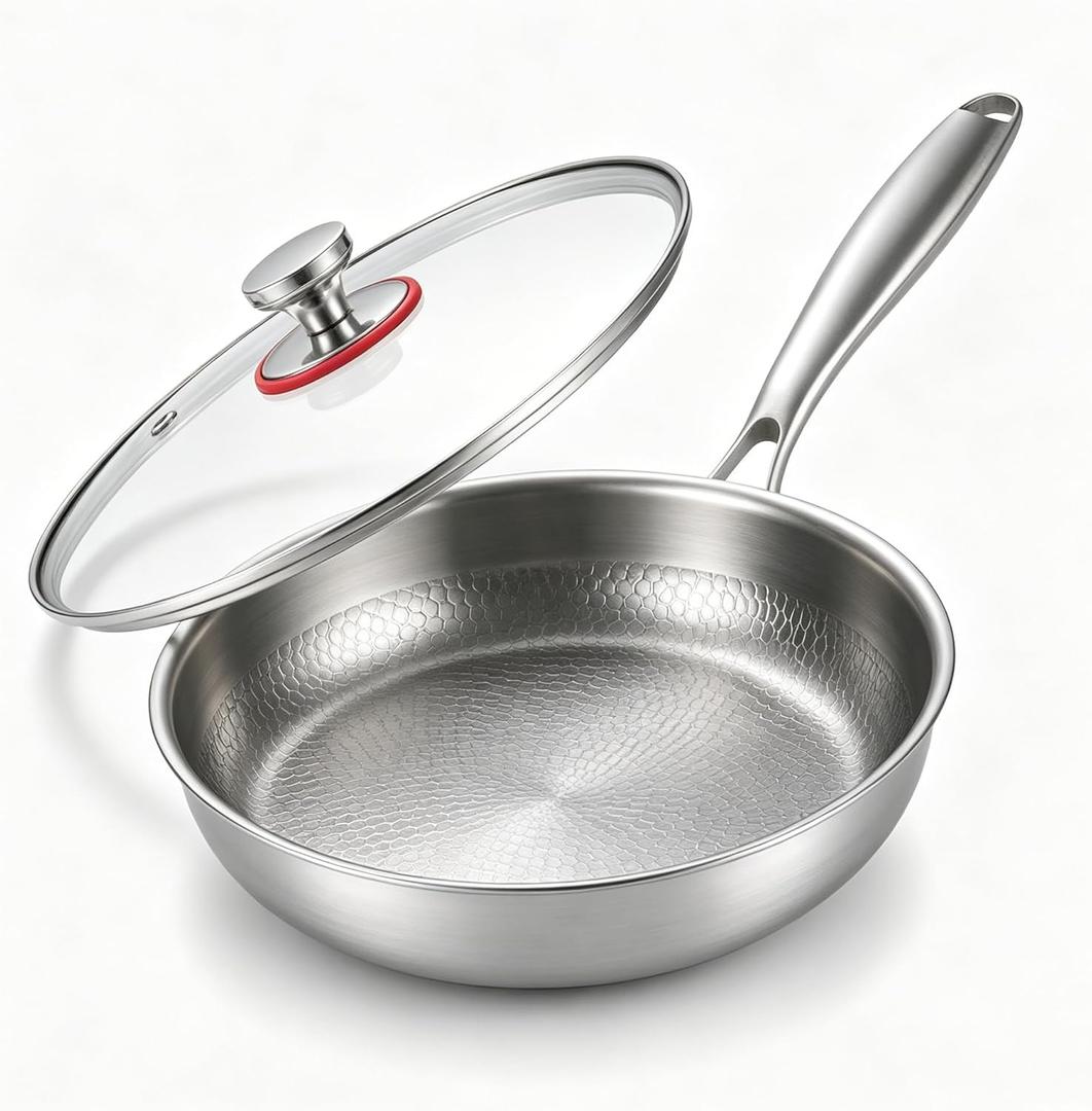 Titanium Pan for Cooking - Titanium Alloy, No Coating Titanium Cookware Frying Pan Hammered Pans Safe Durable Scratch-Resistant Compatible with All Cooktops (10.23in)