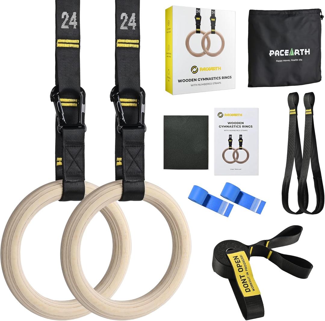 PACEARTH Gymnastics Rings 32mm Wooden Olympic Rings Support 1500lbs Locked Carabiners 9ft Double-Layer Numbered Straps Non-Slip Gym Rings with Foot Straps Door Anchor for Home Gym Full Body Workout