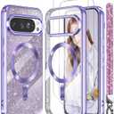 Magnetic for Google Pixel 10/10 Pro Case + 2X Screen Protectors,Luxury Plated Gold Edge [Glitter Card&Wrist Strap] Slim Soft Crystal Clear TPU Shockproof Case Cover for Pixel 9/9 Pro-Purple