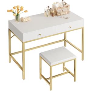 SUPERJARE 31.5" White and Gold Desk with 2 Drawers, Modern Makeup Vanity with Padded Stool, Small Computer Desk Home Office Desk for Writing Study Bedroom