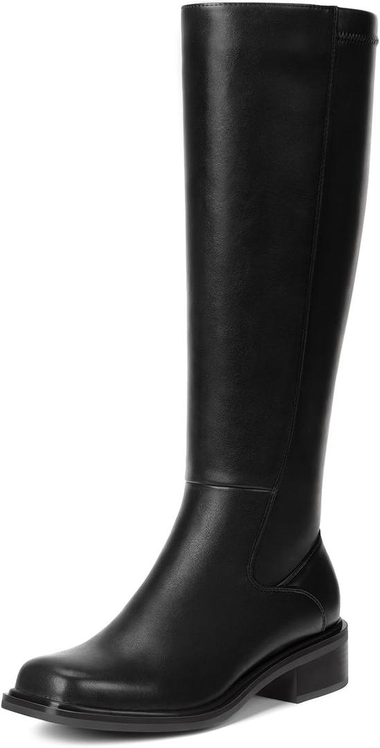 Lumeheel Black Knee High Boots for Women - Low Heel Square Toe Fall Tall Boots with Side Zipper (Black)