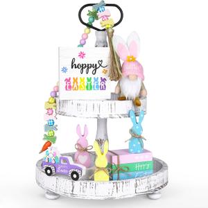 8PCS Easter Tiered Tray Decor, Spring Home Decor Set for Table,Wood with Bunny, Gnome, Truck, Happy Easter Sign & Accessories, Farmhouse Fireplace Mantle Decor, Home Kitchen Decorations Easter Gift Idea (Pink, White, Pastel Multi-color, Gray, Green, Blue, Yellow)