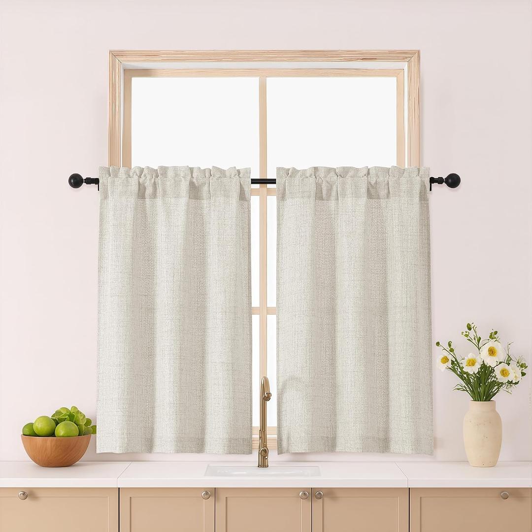 Gwine Natural Kitchen Curtains 36 Inch Length 2 Panels, Light Filtering Textured Short Half Window Cafe Curtains, Modern Soft Small Window Drapes for Bathroom Basement Bedroom, 30Wx36L inch, 2PCS