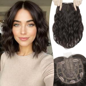 Lommel Short Wavy Hair Toppers for Women 12 Inch Hair Topper with Thinning Hairs Natural-Looking Wiglett Lightweight & Add Volume Hairpiece for White Roots Cover for Daily(Dark Brown)