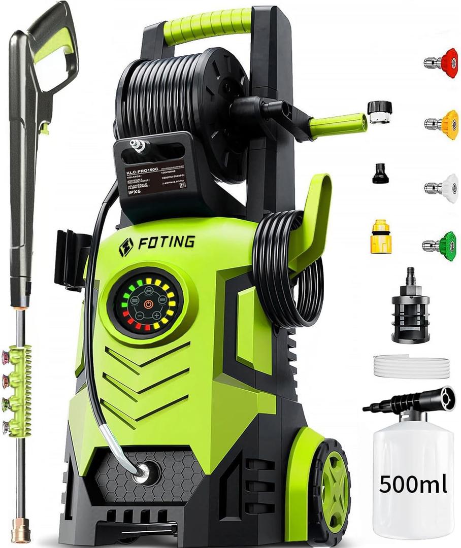 5000PSI Pressure Washer with Adj-8-Level Touch Screen, 34" Tall Power Washer, 4 Quick Connect Nozzles, Inlet Hose&Filter&500mlFoam Cannon for Cars/Fences/Driveways, Green