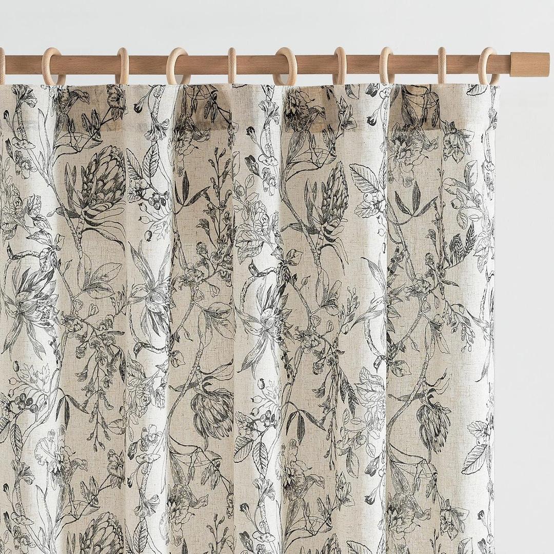 jinchan Floral Curtains 84 Inches Long Black Flower Linen Farmhouse Curtain for Living Room French Country Vintage Curtain Rod Pocket Curtains Set 2 Panels Balck Floral Printed