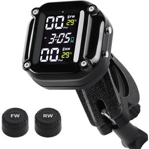 Motorcycle Wireless Tire Pressure Monitoring System, Motorcycle TPMS with 2 External Sensors, LCD Display, IP67 Waterproof Dustproof, Motorbike Tyre Temperature Alarm, Two-Wheeled Motorcycle TPMS
