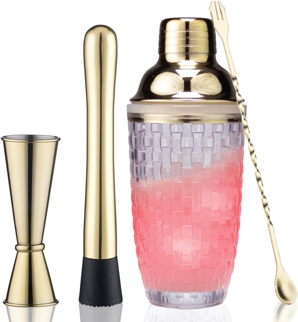 Cocktail Shaker Set - Includes Measuring Jigger, Mixing Spoon and Muddler with 13oz Glass Martini Shaker Bottle Stainless Steel Bar Tools (Gold Set)