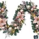 Garvee 6 Feet Christmas Garland with Lights for Mantle, Battery Operated Outdoor Christmas Garlands with Antlers Gold Balls, Prelit Garland Decorations for Fireplace Stair Railing TV Stand